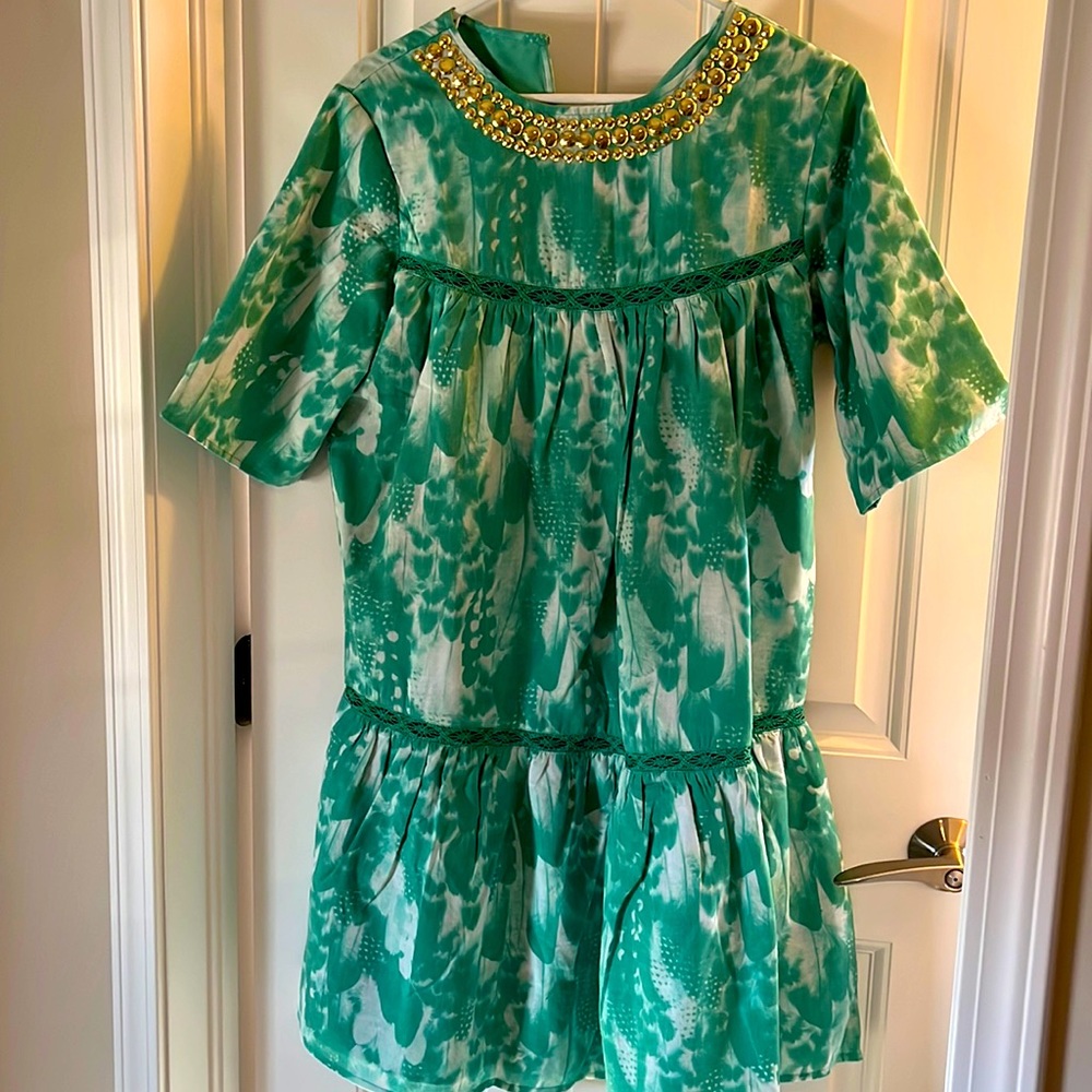 Green Patterned Short Sleeve Dress with Embellished Neckline